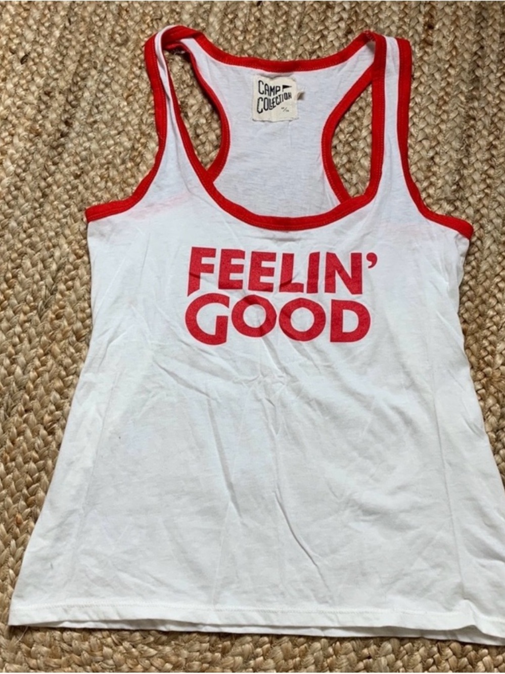 Camp Collection ‘Feelin' Good' White & Red Racerback Tank top